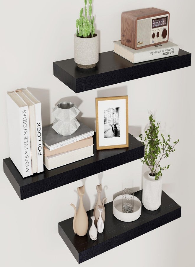 fuqing Floating Shelves for Wall - Black Wood Wall Shelves Set of 3 - Modern Style Wooden Shelves for Room Decor & Storage - Image 1